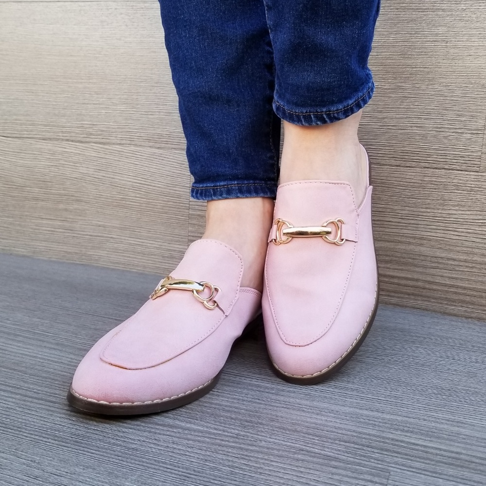 Pink Slip on flat mule loafer W gold buckle_6